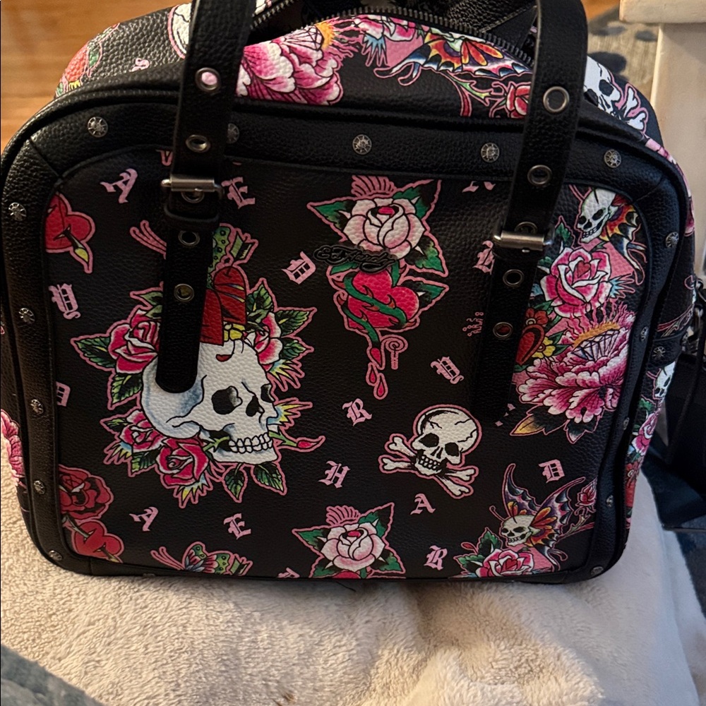 Ed Hardy Black and Pink Skull Floral satchel
